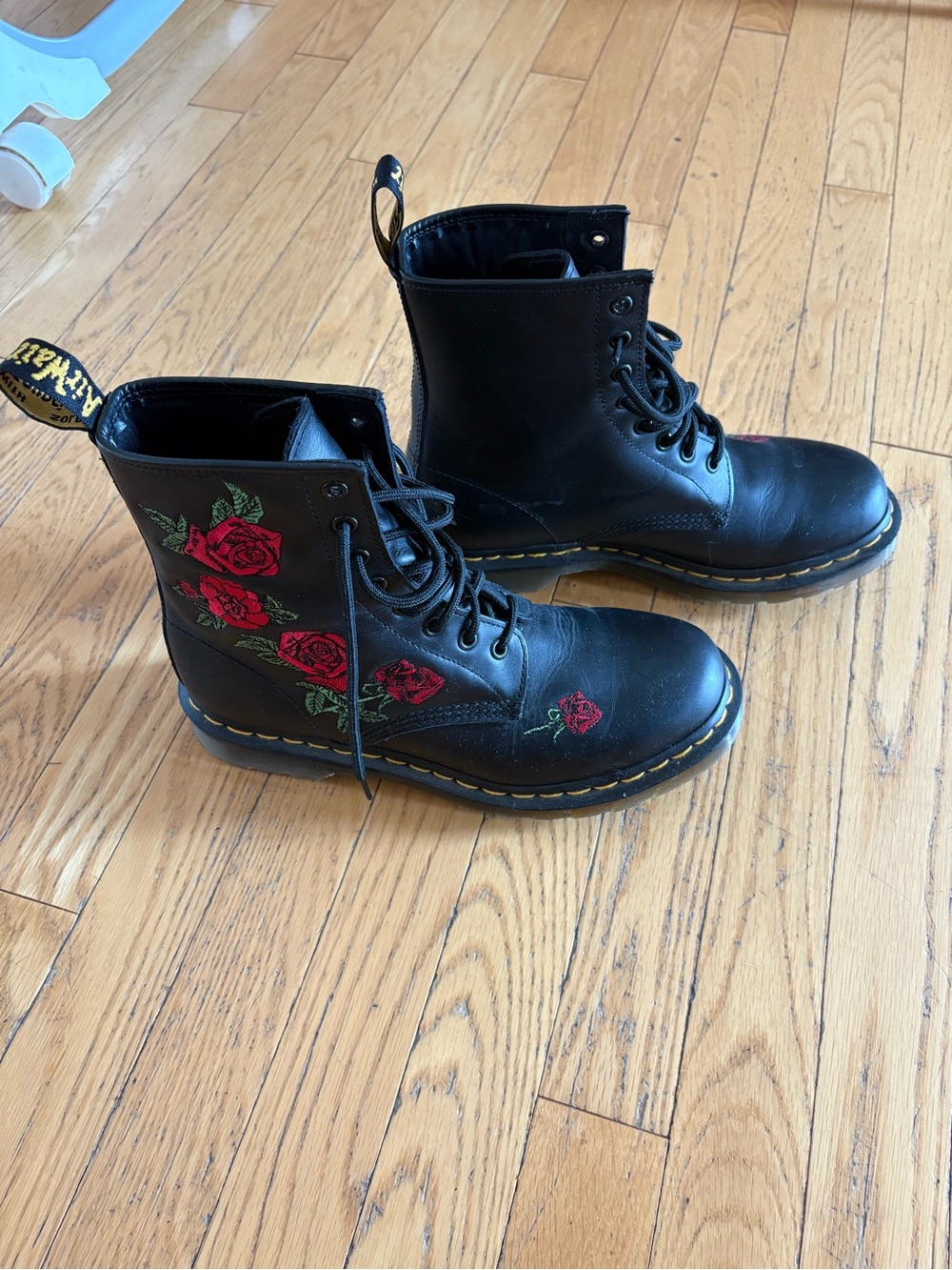 Dr. Martens Black Lace-Up Boots with Red Rose Embroidery